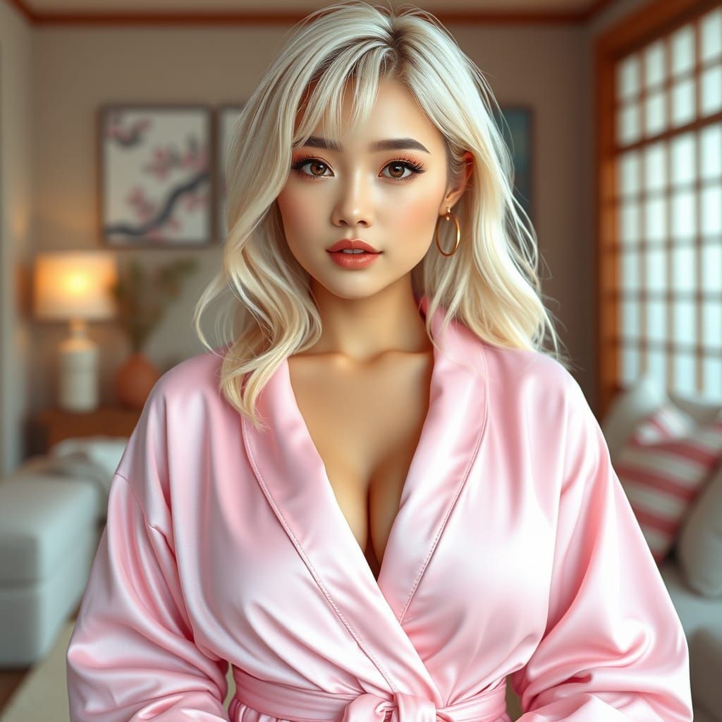 Gyaru Beauty in Pastel Pink Robe Captivates with Playful Gaz...