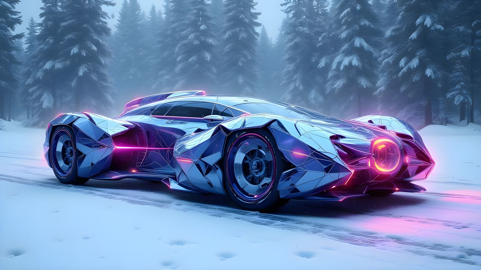 Futuristic Geometric Car in Snowy Forest, Tarot Style
