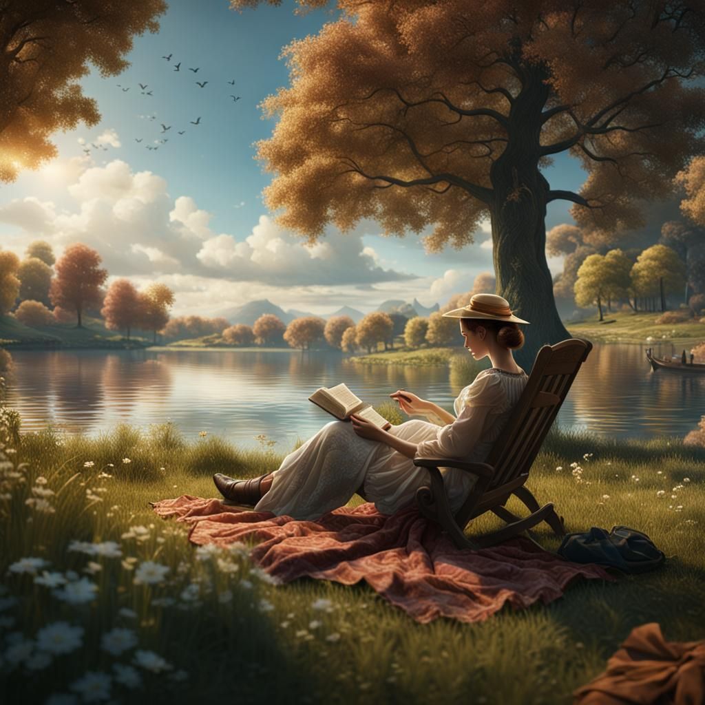 Woman Reading by Lake on 1700s Day: Matte Painting
