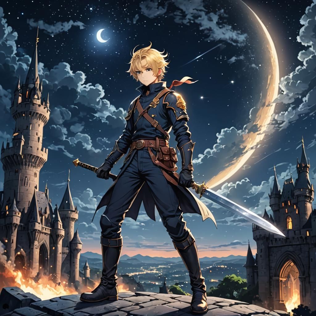 Blonde Swordsman Under Starry Night Sky