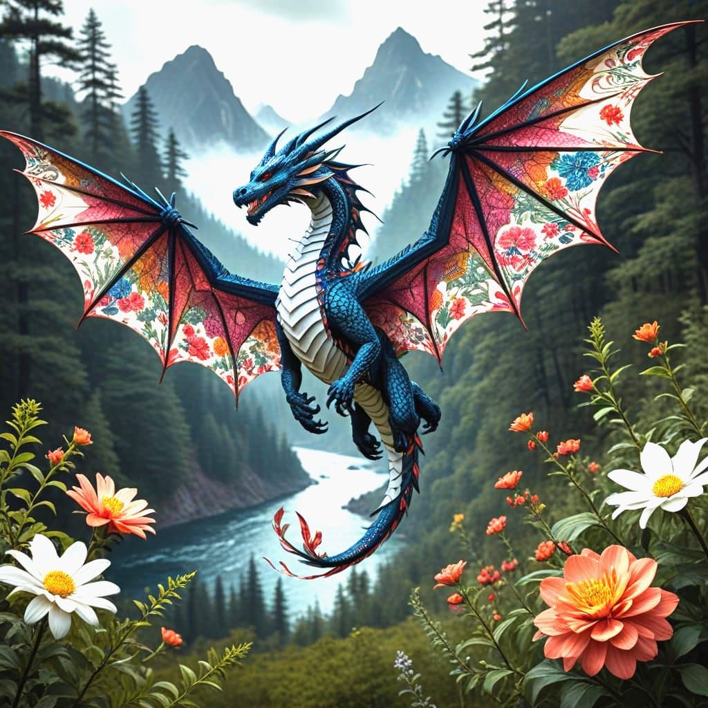 Hyperrealist Floral Dragon Kite Soars Through a Zentangle Wi...