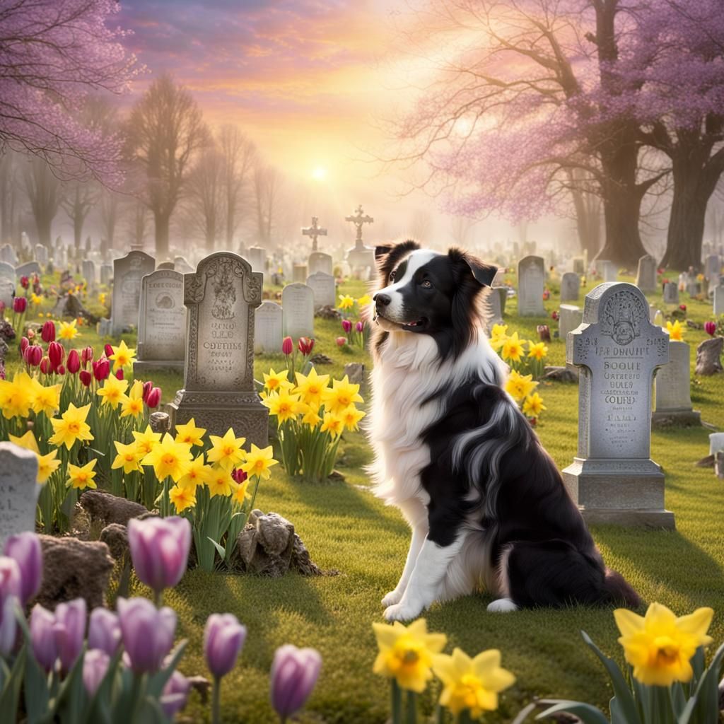 Angel Cradles Border Collie Above Animal Cemetery