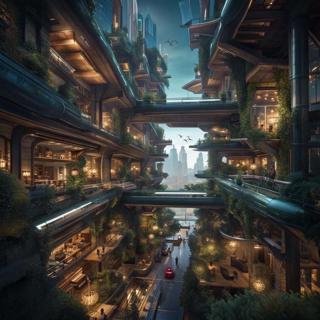 Futurist Glass City in Cube, Mondrian Style