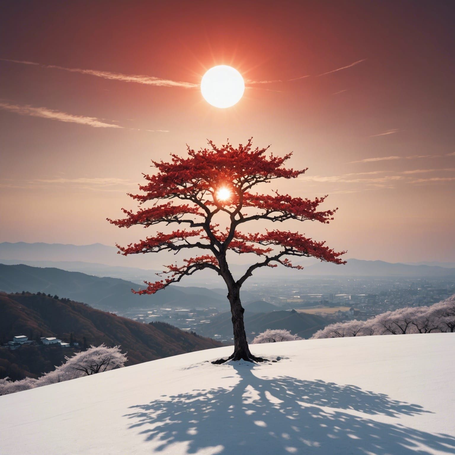Sakura Tree on White Hill with Red Sun
