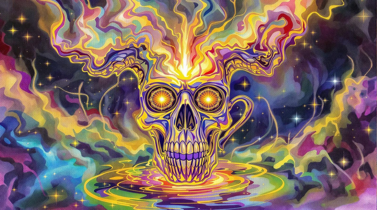 Surreal Skull Coffee Cup in Iridescent Watercolors