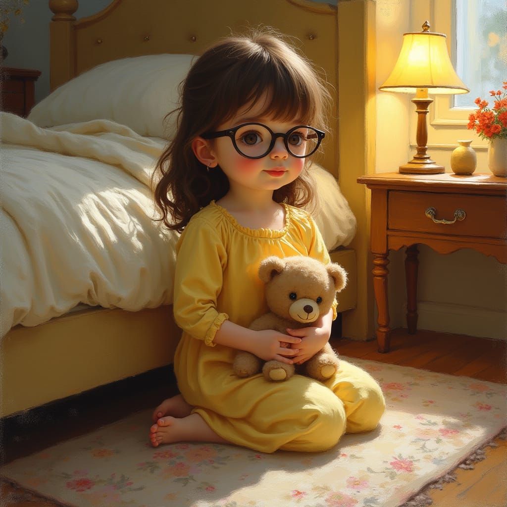 Impressionist Oil Painting of Girl with Teddy Bear