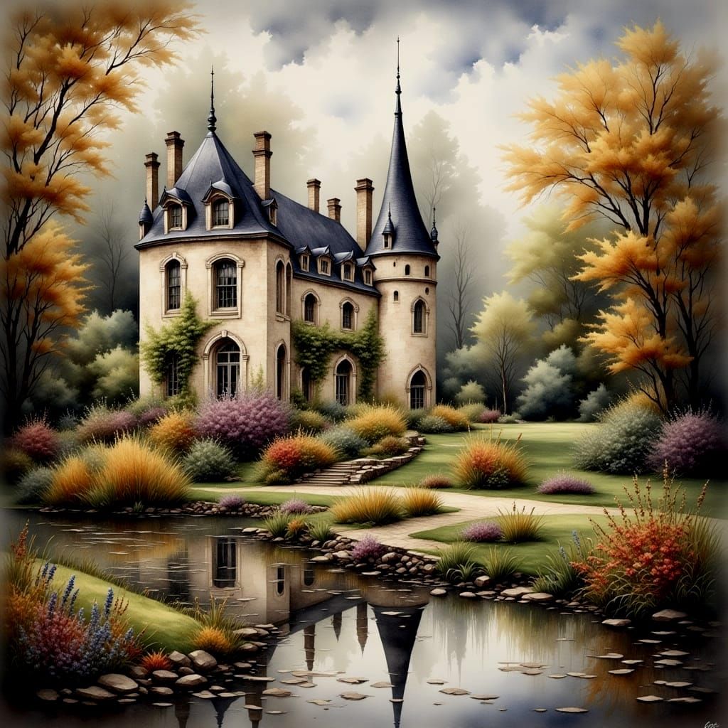 Abandoned Château Under a Silver Sky in Watercolor Style
