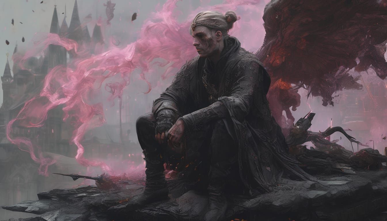 Mercurial Fairy Kneeling in Ashes, Dark Romantic Setting