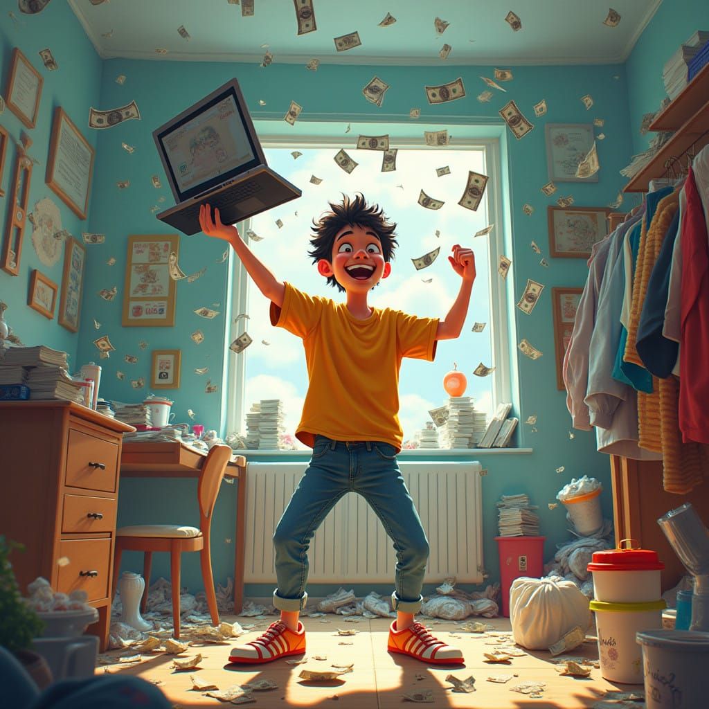 Young Man Radiates Joy with Cash and Laptop in Vibrant Bedro...