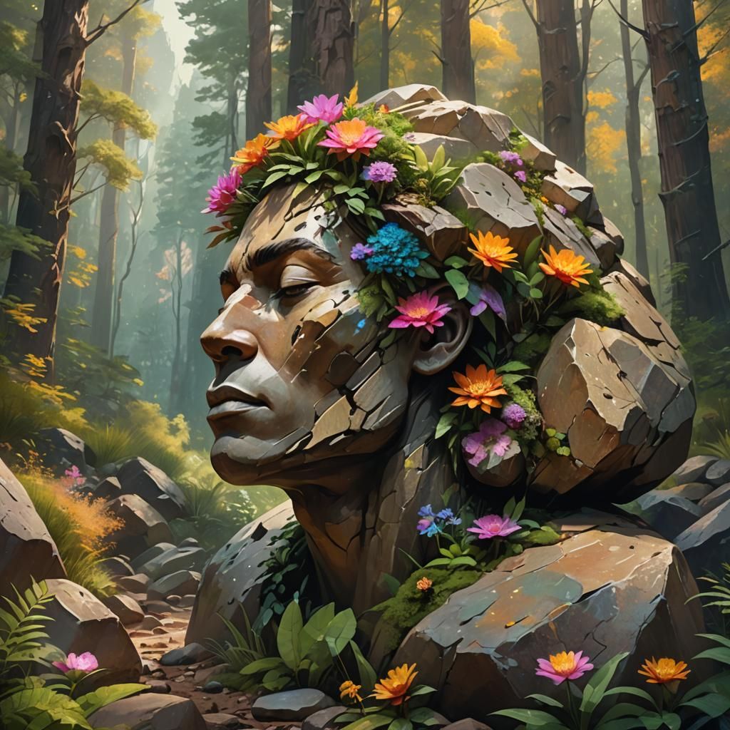 Sentient Boulder Meditating in Mystical Forest