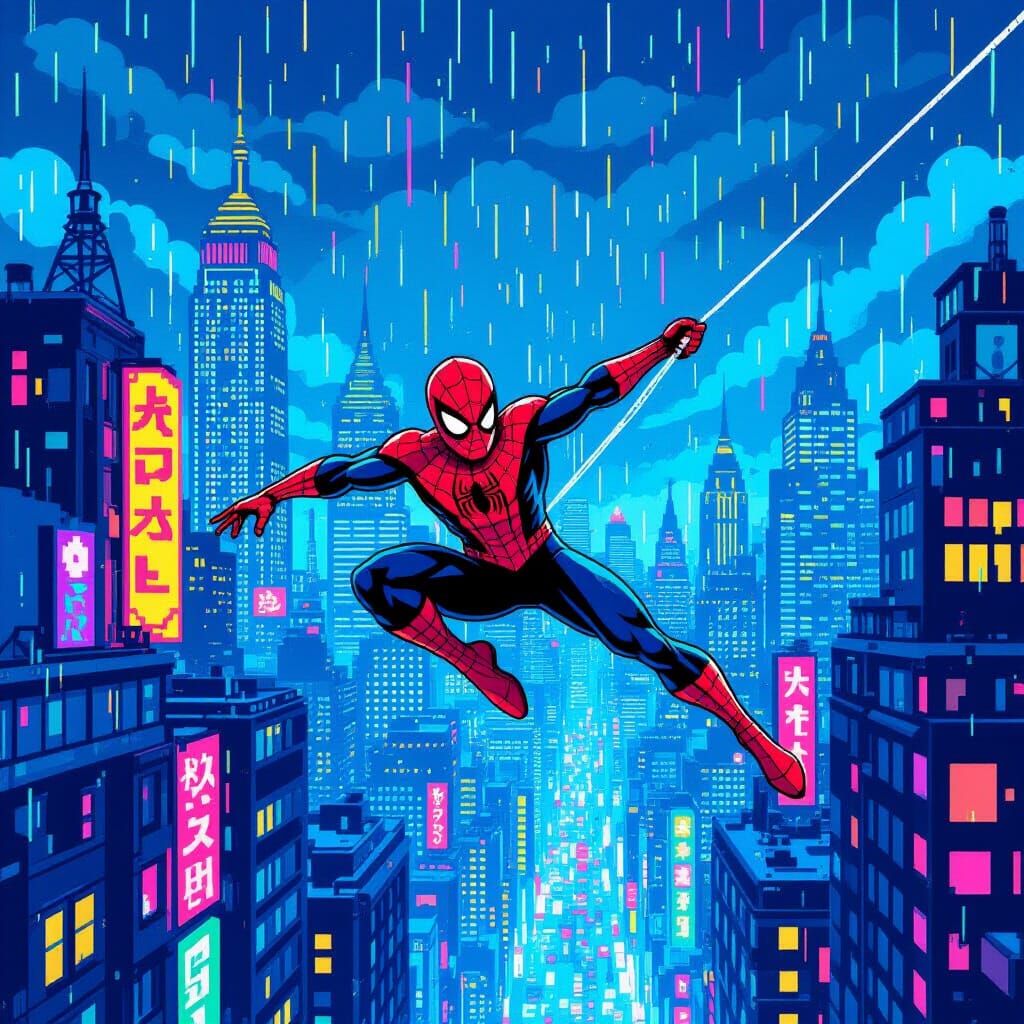 Spiderman Swings Through 8-Bit Pixel Art Cityscape