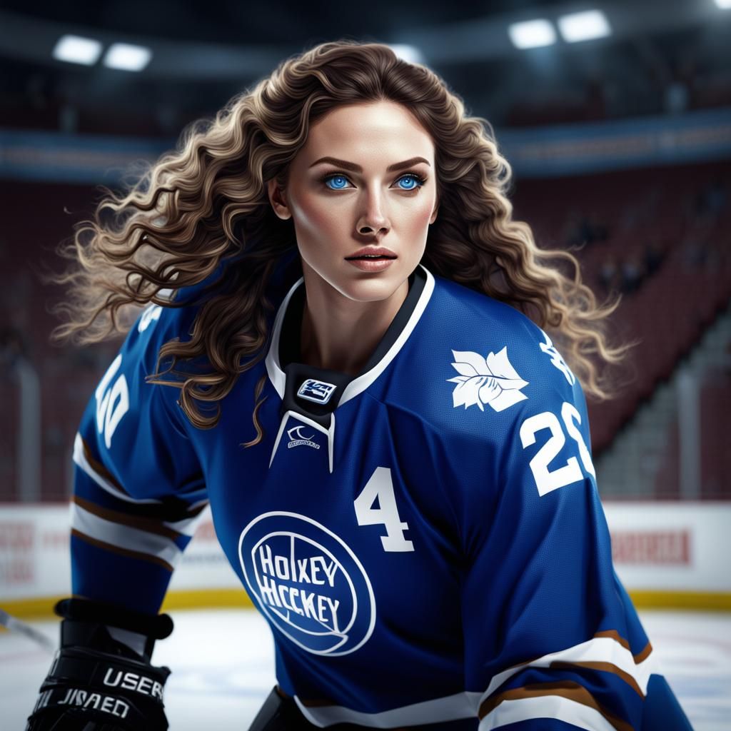 Young Woman Playing Hockey, Detailed Digital Art