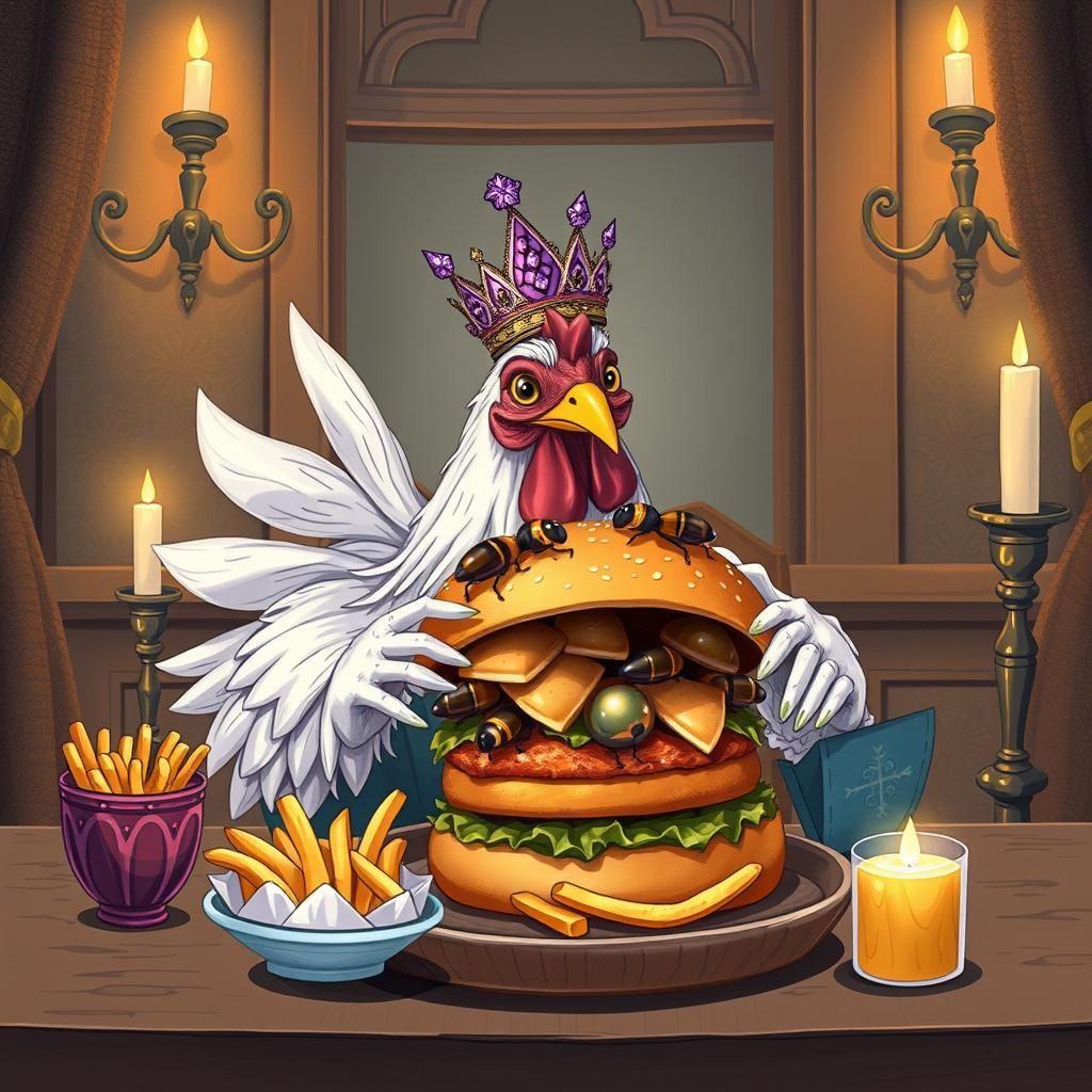 Crowned Chicken's Bee Burger Feast: Whimsical Illustration