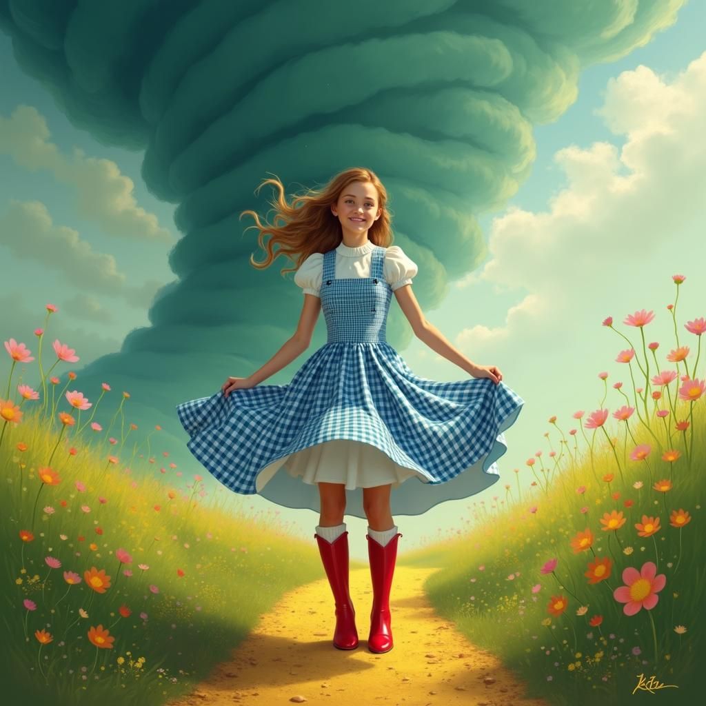Heroic Dorothy in Oz-Inspired Fantasy Landscape