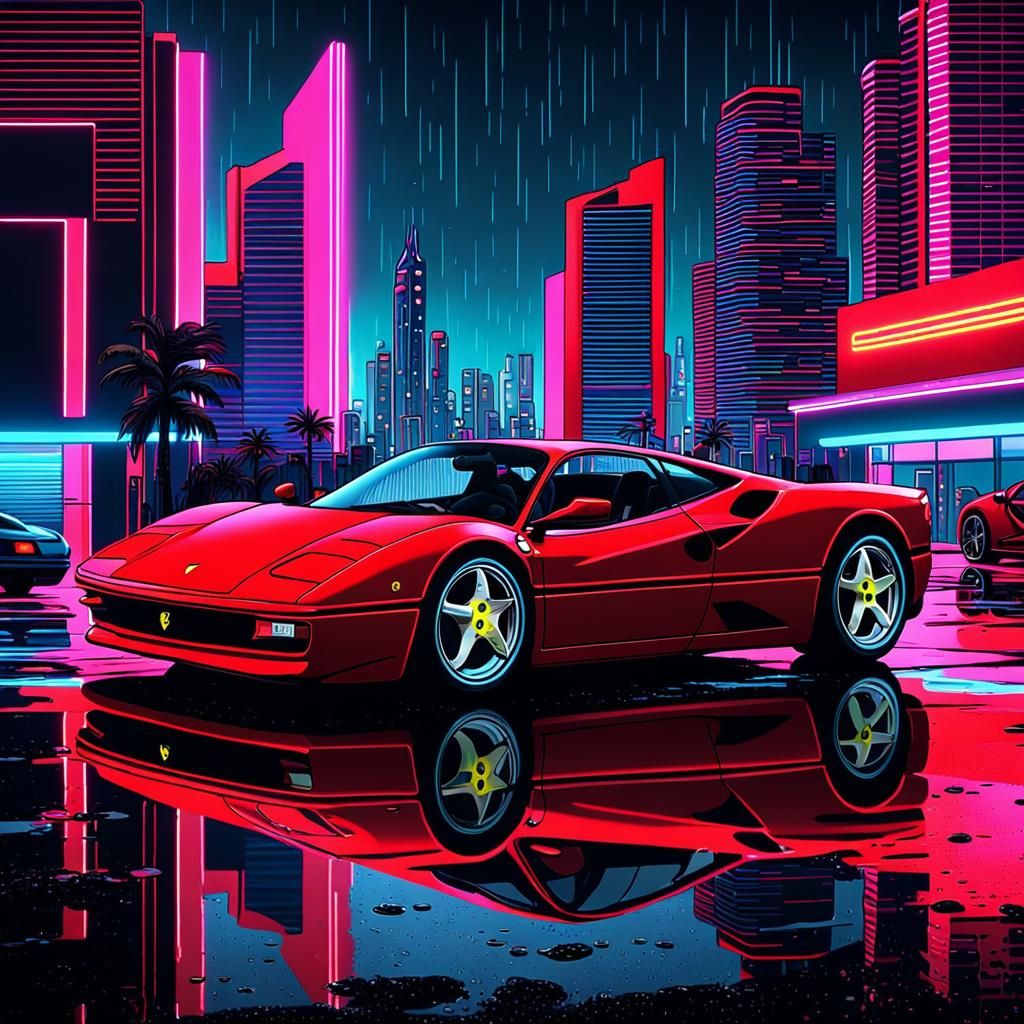 Synthwave Ferrari in Neon Cityscape