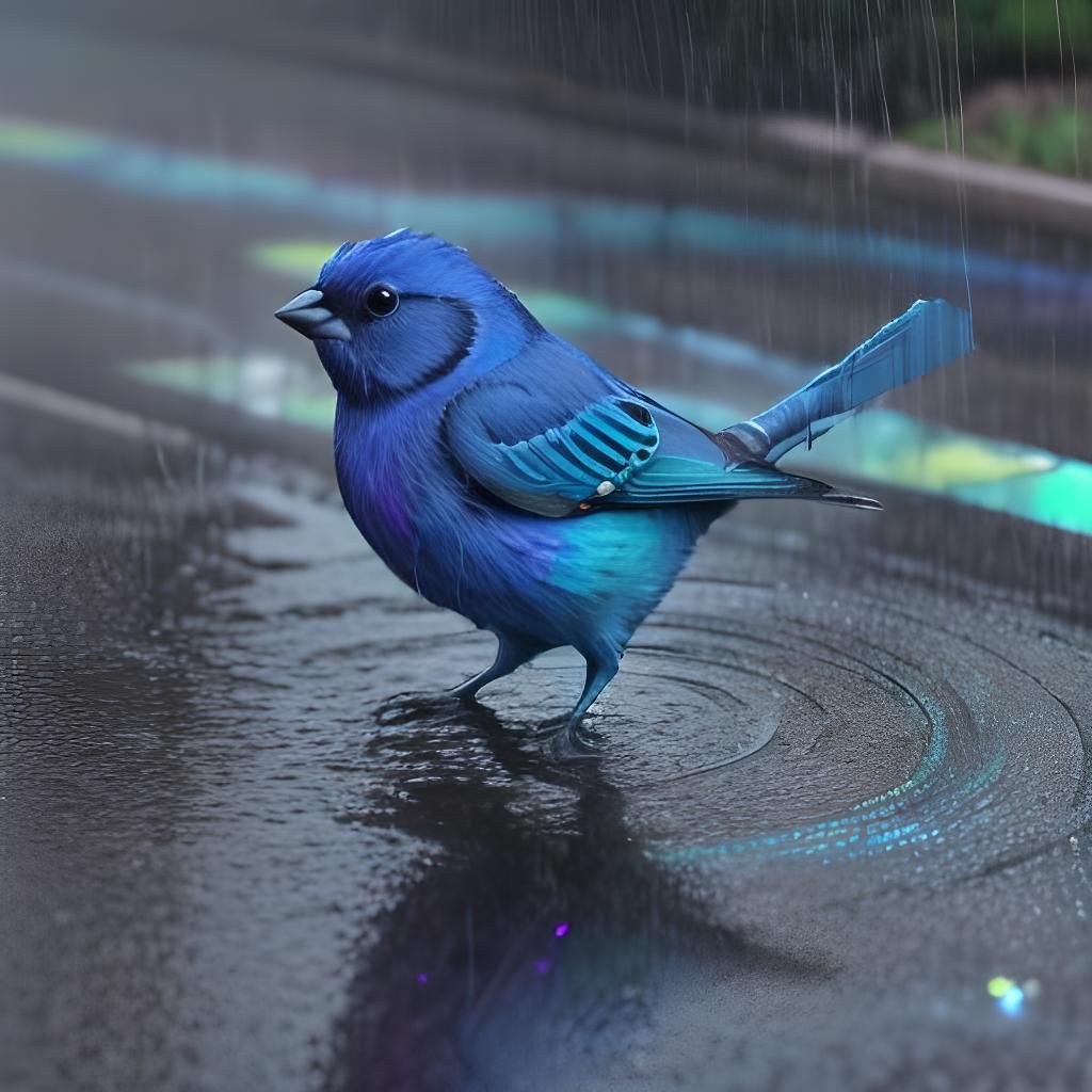 Indigo Bunting in Rainbow Oily Rain