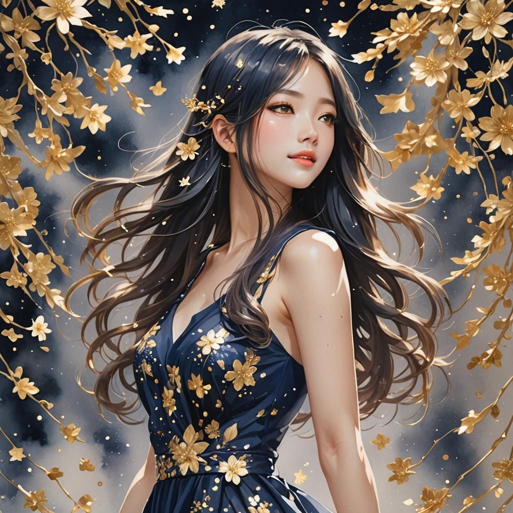 Anime Woman in Glittering Navy Dress with Watercolor Backgro...