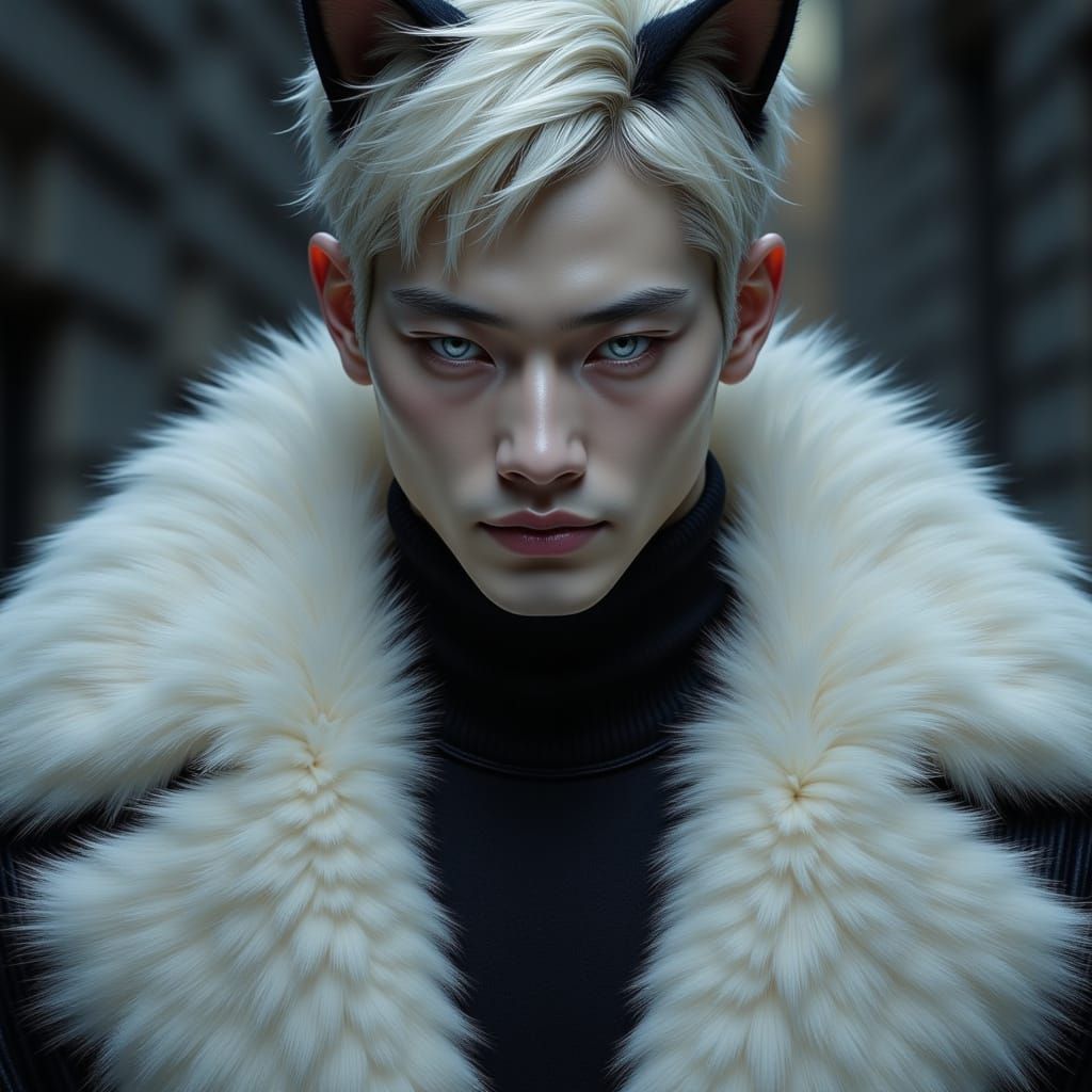 Stoic Man with Cat Ears in White Coat