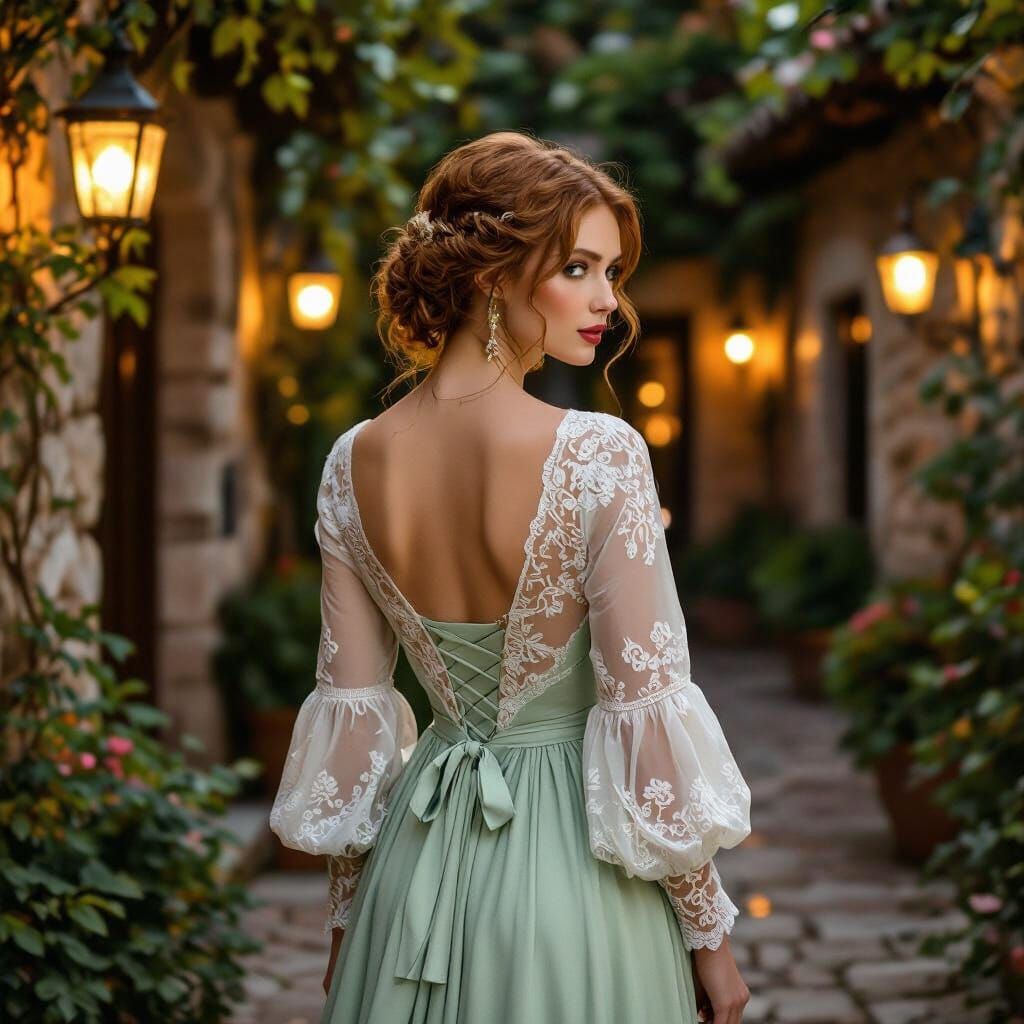 Woman in Mint Green Dress, Art Nouveau Style