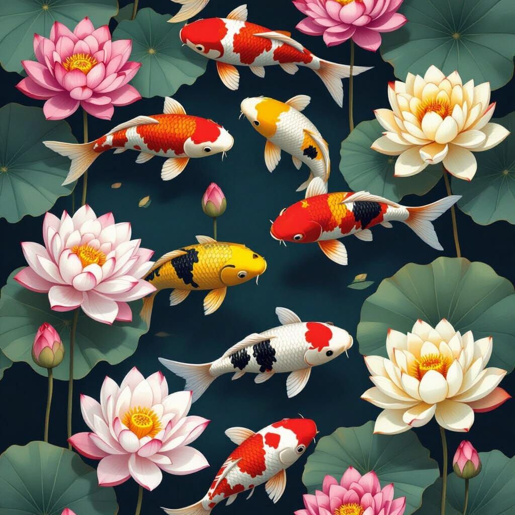 Nine Koi Fish and Lotus Flowers Vertical Wallpaper