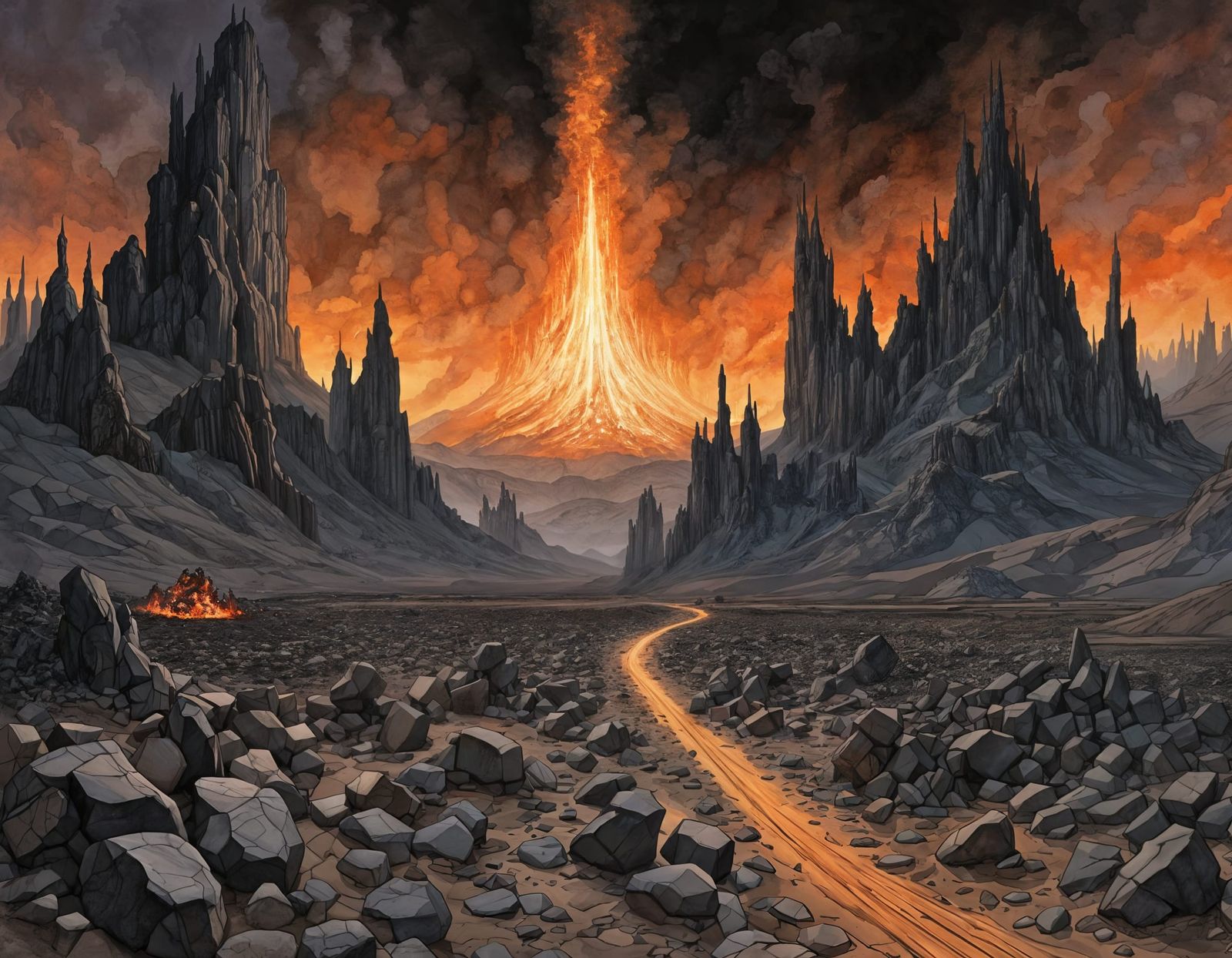 Dark Mordor Landscape with Winding Road and Crackling Bonfir...