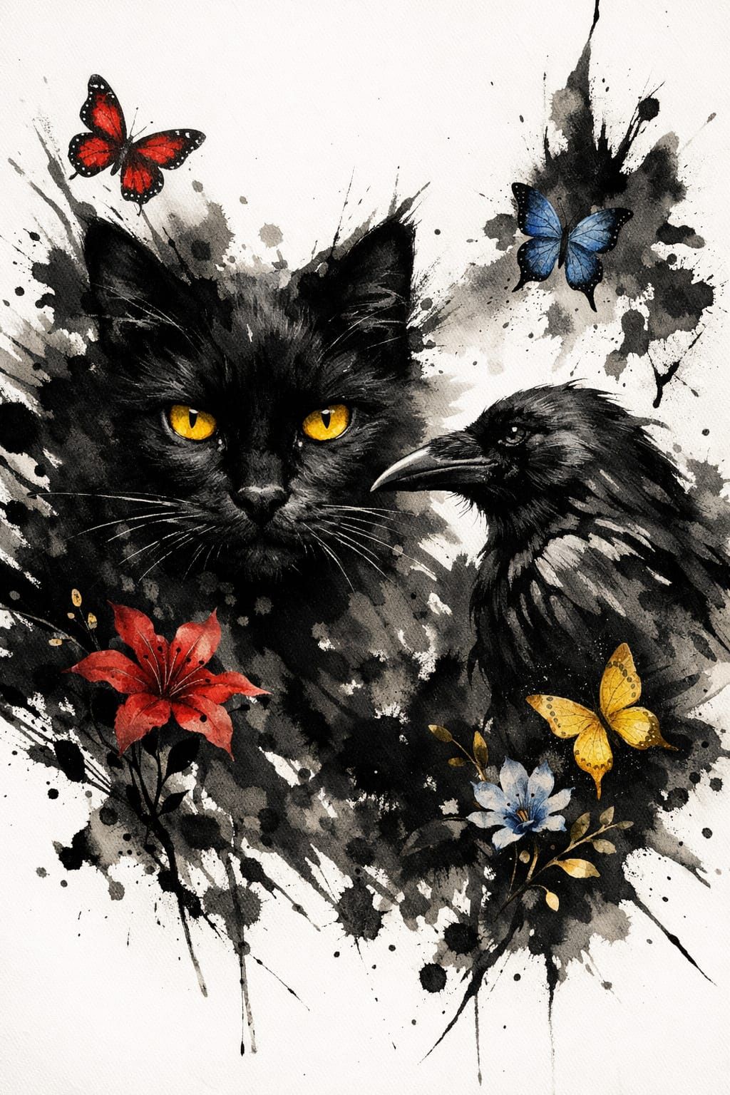 Ink Splash Art of Black Cat and Raven