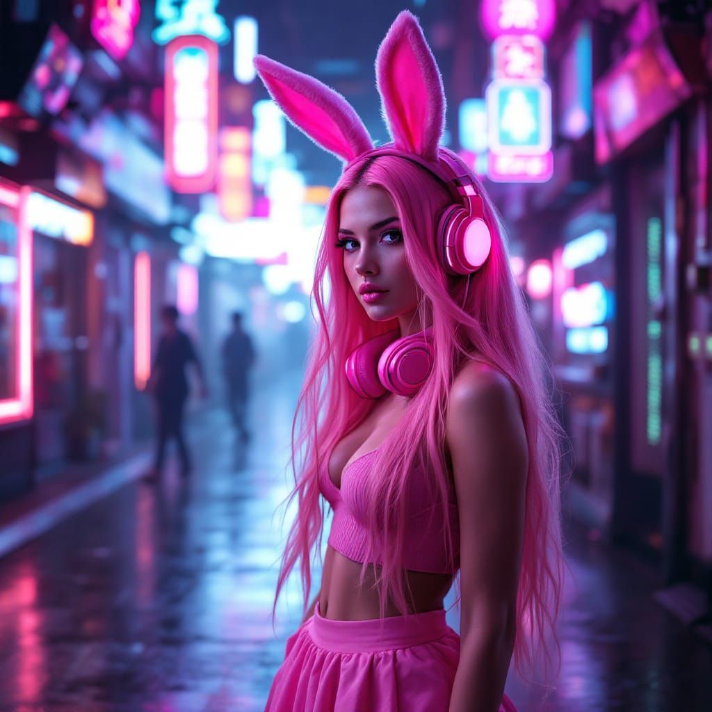 Cyberpunk Pink Bunny Woman in Neon City