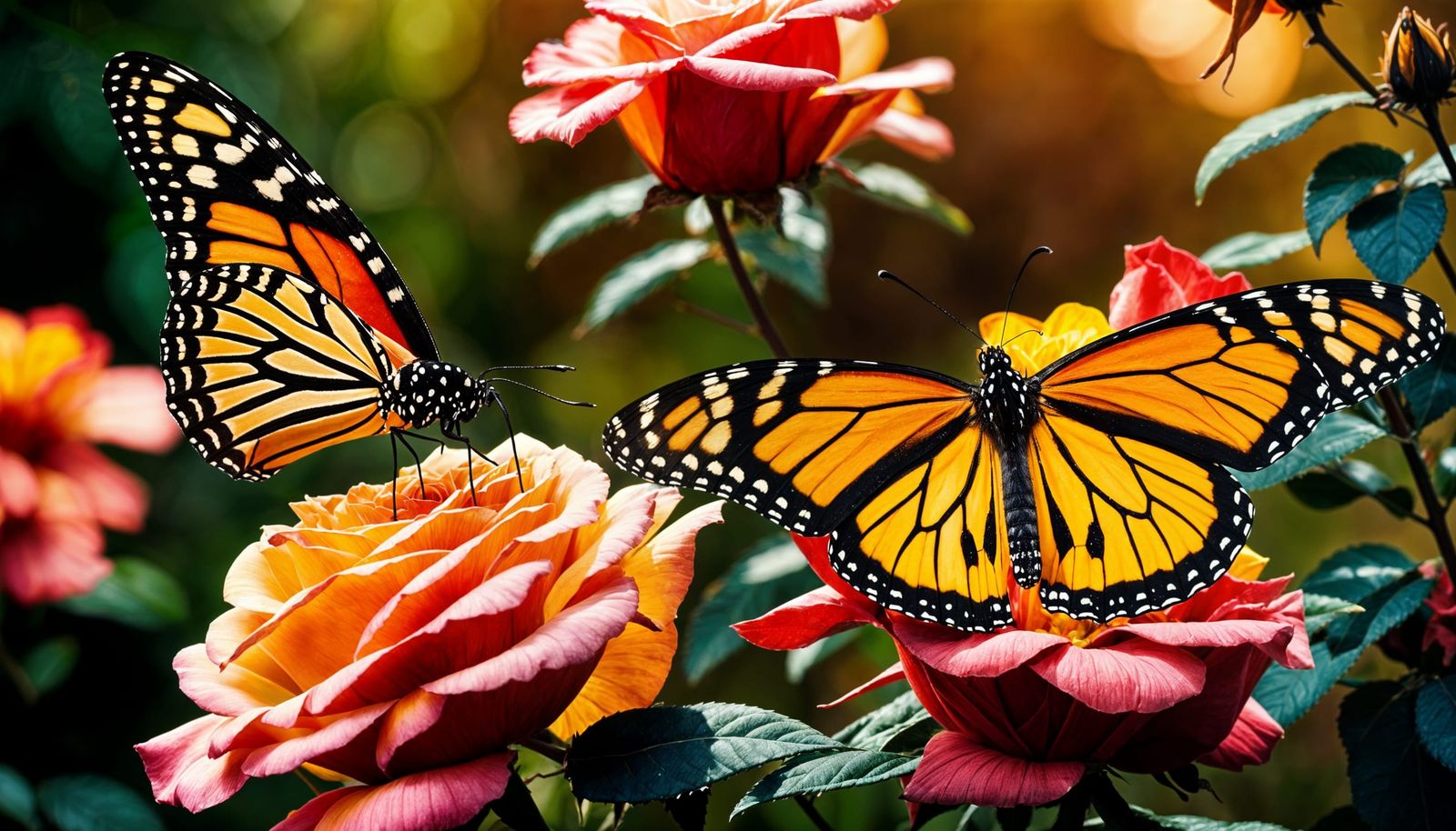 Monarch and Birdwing Butterflies on Rose Bush
