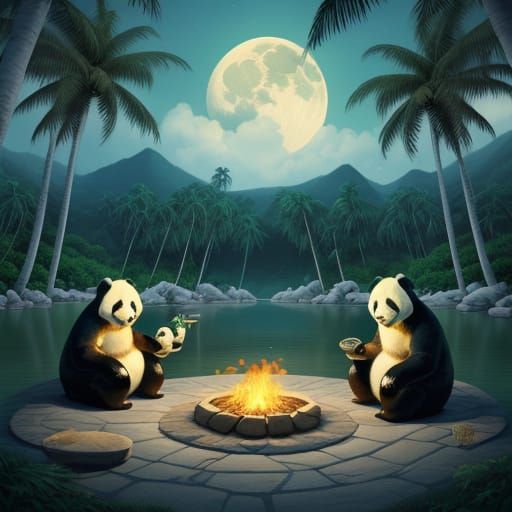 Whimsical Scene of Pandas in Green Suits Beside a Big House ...