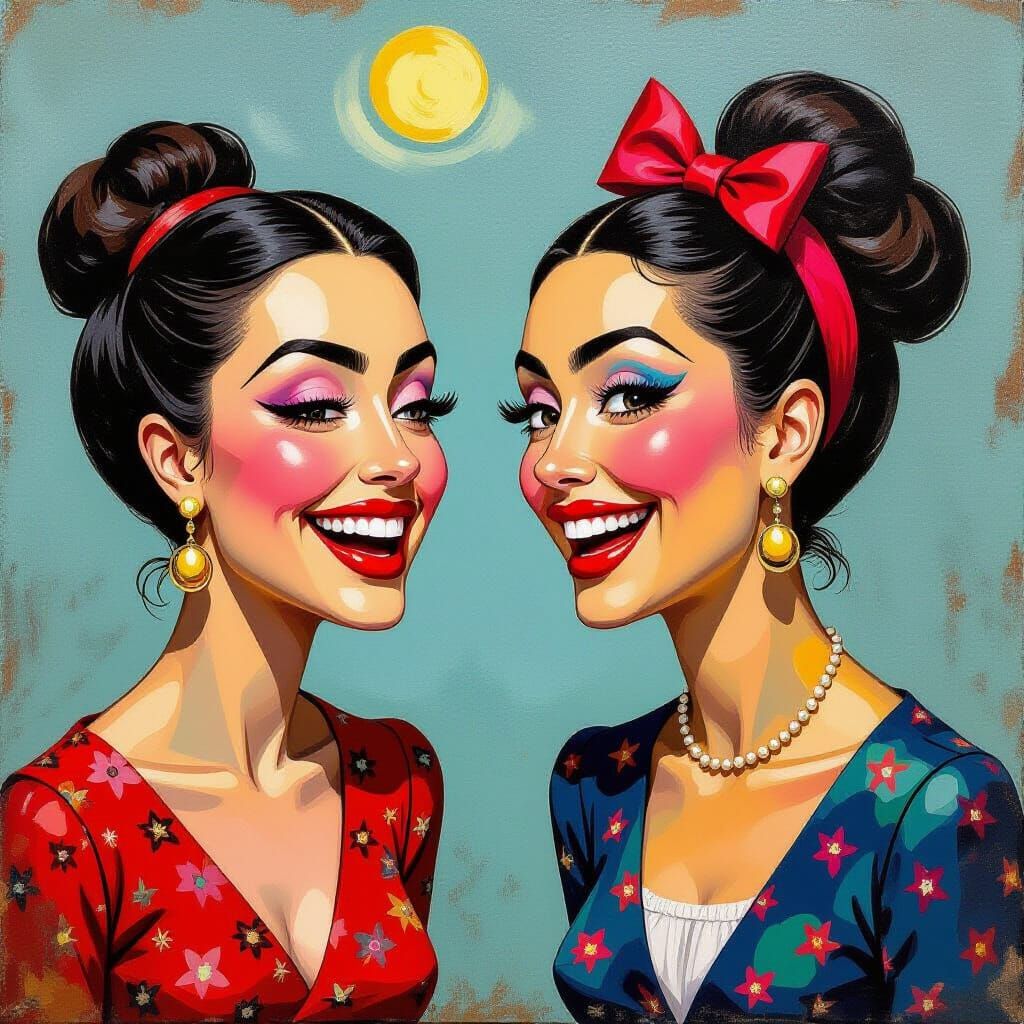 Surreal Oil Painting of Caricatured Actresses in Conversatio...