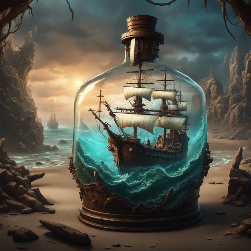 Shipwreck in a Bottle: Detailed Fantasy Concept Art