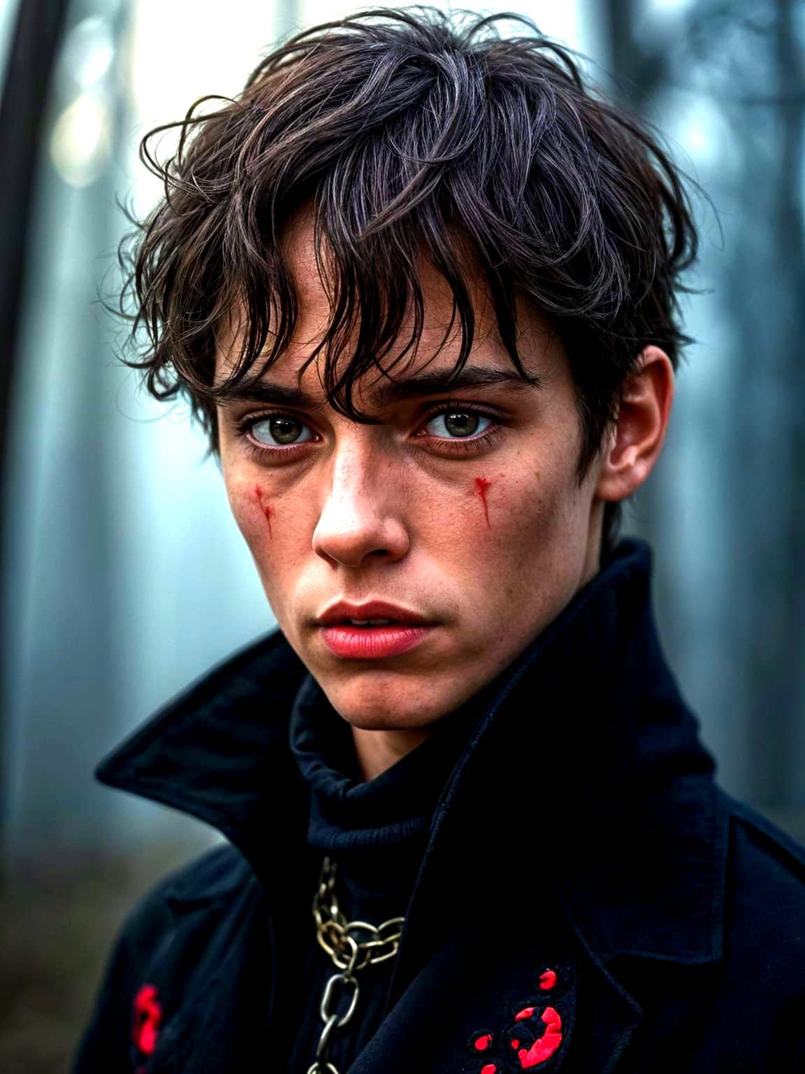 Gothic Man Portrait with Piercing Gaze in Pastel Hues