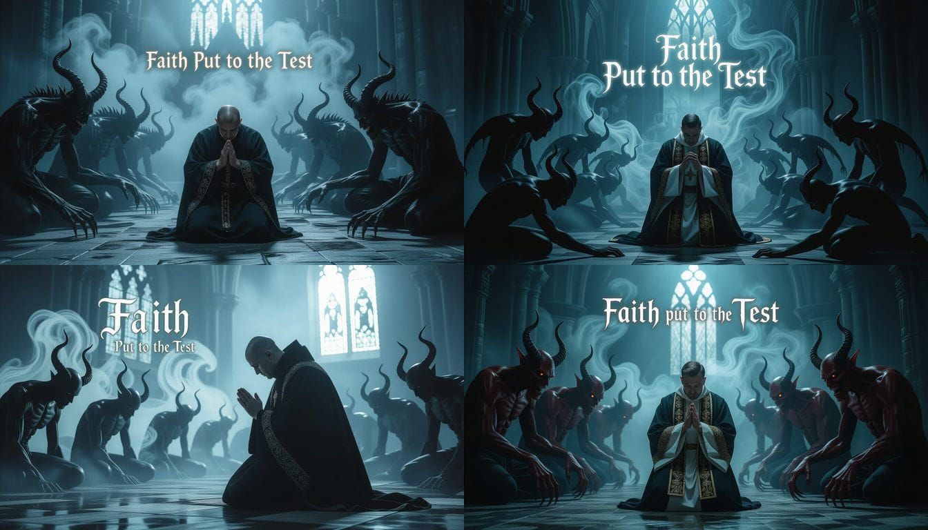 Priest's Prayer Amidst Grotesque Demons: Dark Fantasy