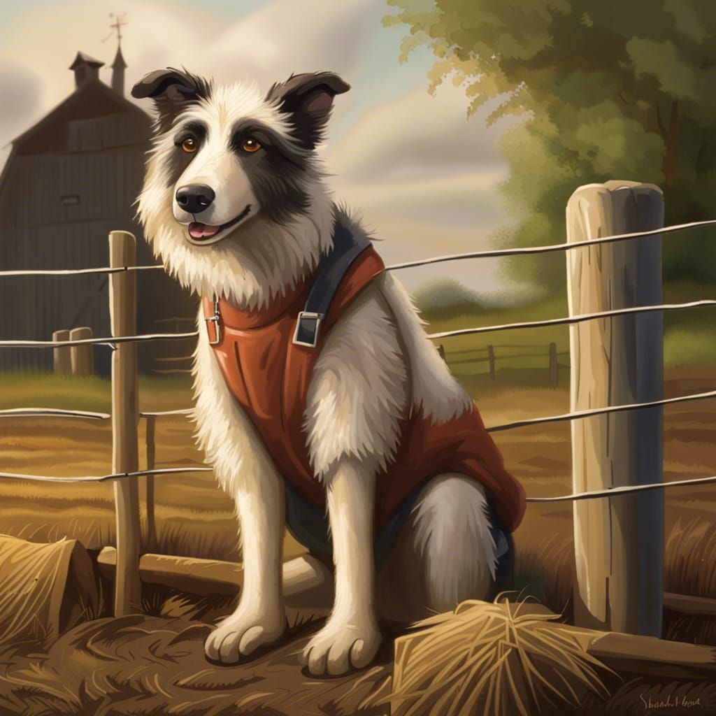 Anthropomorphic Farm Dog Discussing Hay Bales