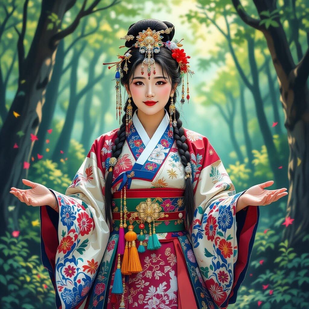 Korean Shaman in Mystical Forest, Fine Art