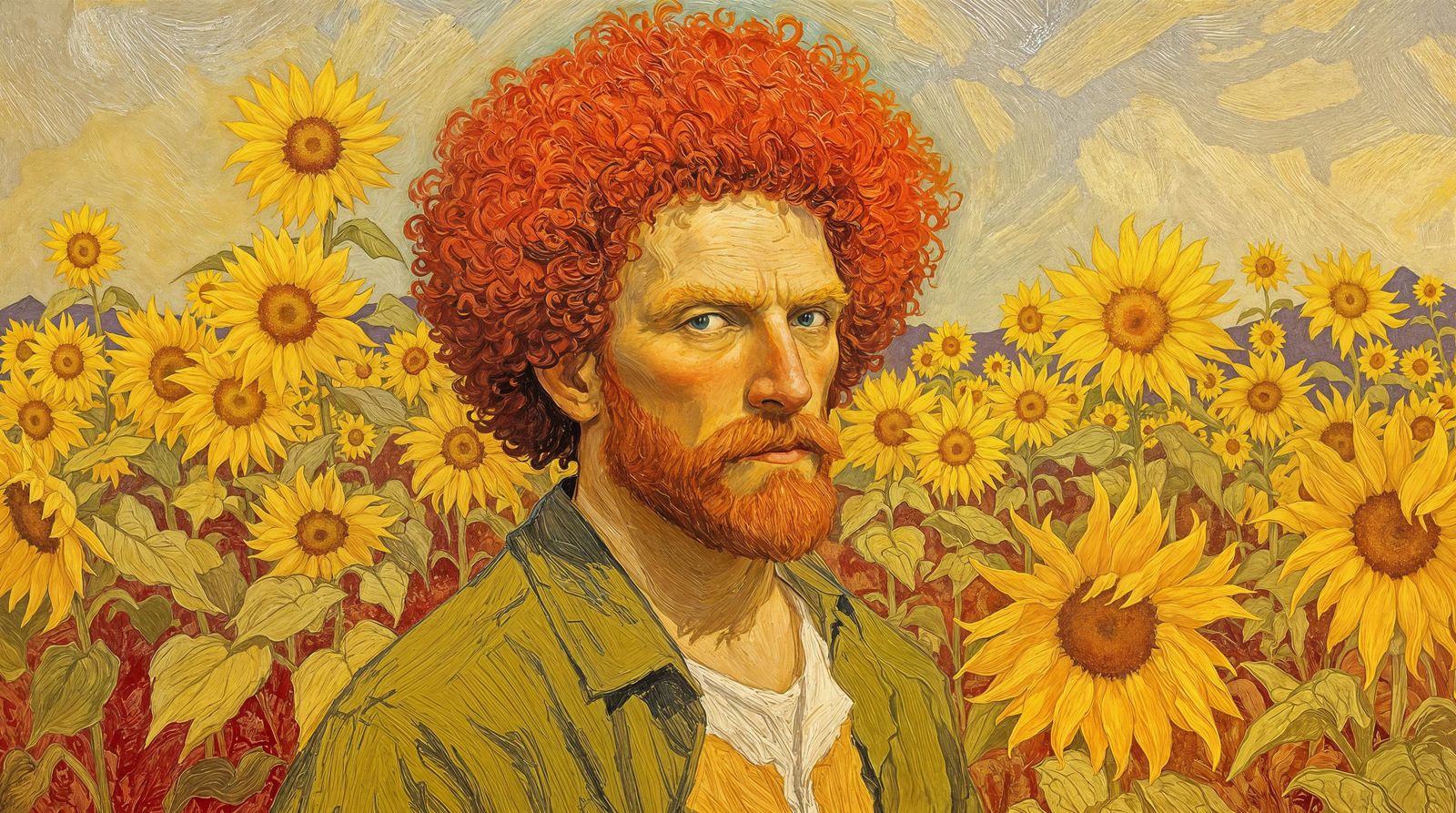 Vincent Van Gogh in a Vibrant Afro, Amidst a Sunny Sunflower...