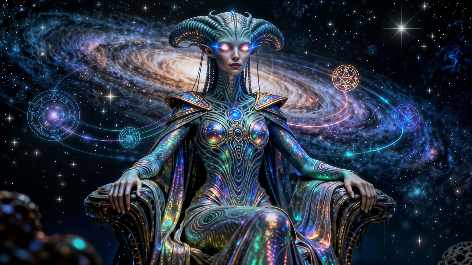 Alien Empress of Fractal Realms in Cosmic Throne