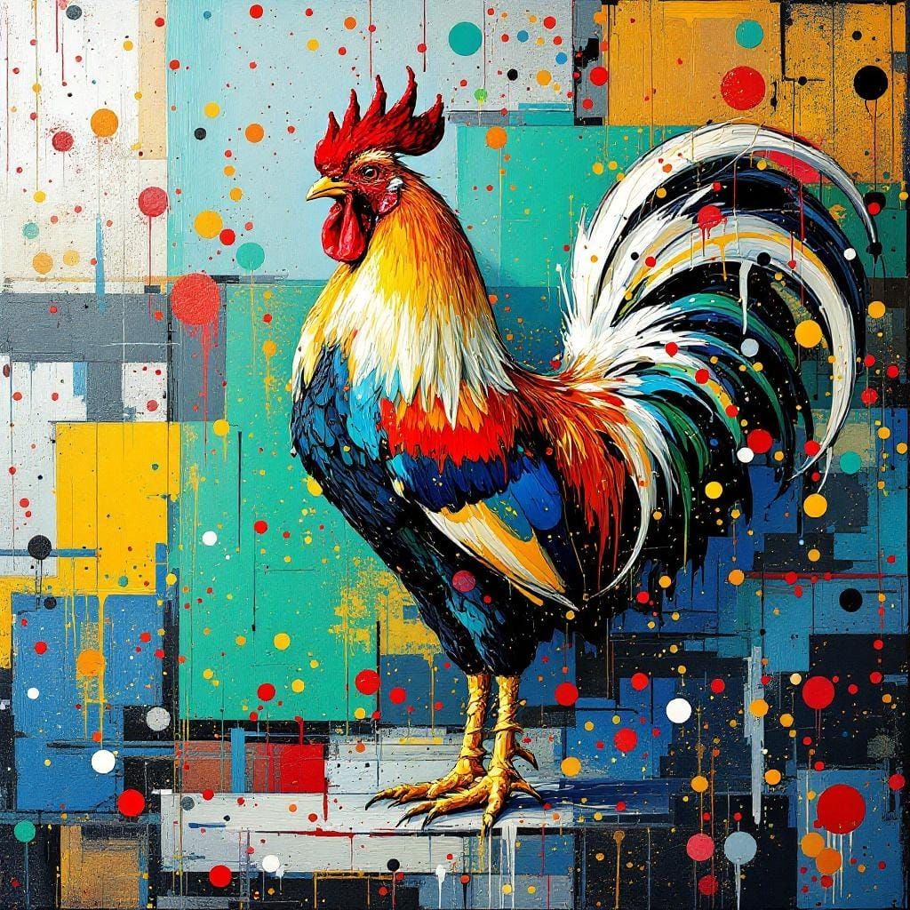 Rooster in Action Painting with Geometric Framework