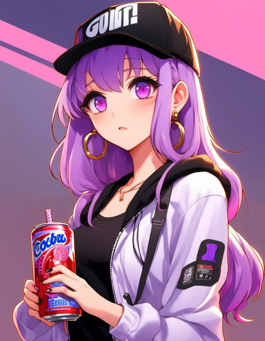 Anime, Manga, girl, lavender hair, purple eyes, black baseball cap, black tanktop, white and pink sport jacket being wor...