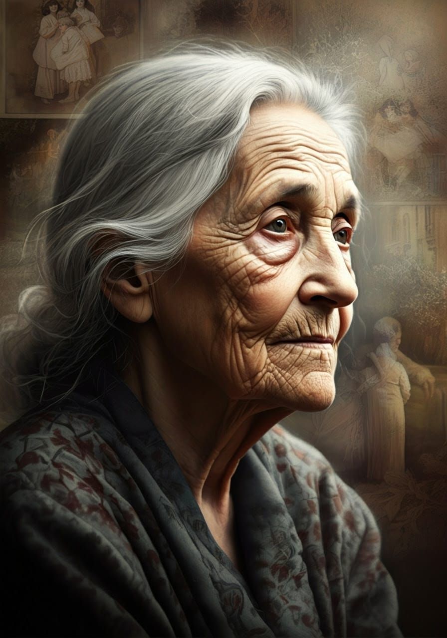 A Contemplative Elderly Woman in Soft Oil Paint