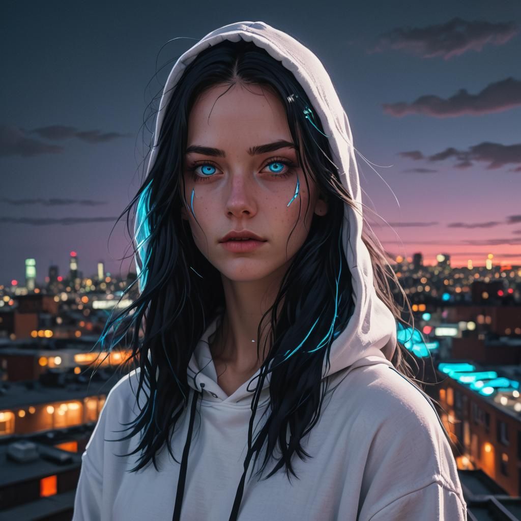 Neon Cyberpunk Girl on Rooftop at Night
