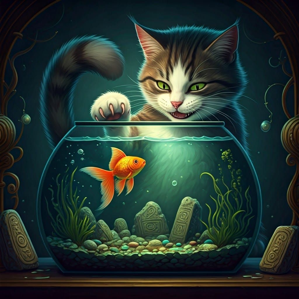 Mischievous Cat Stole a Shimmering Goldfish in Whimsical Fan...