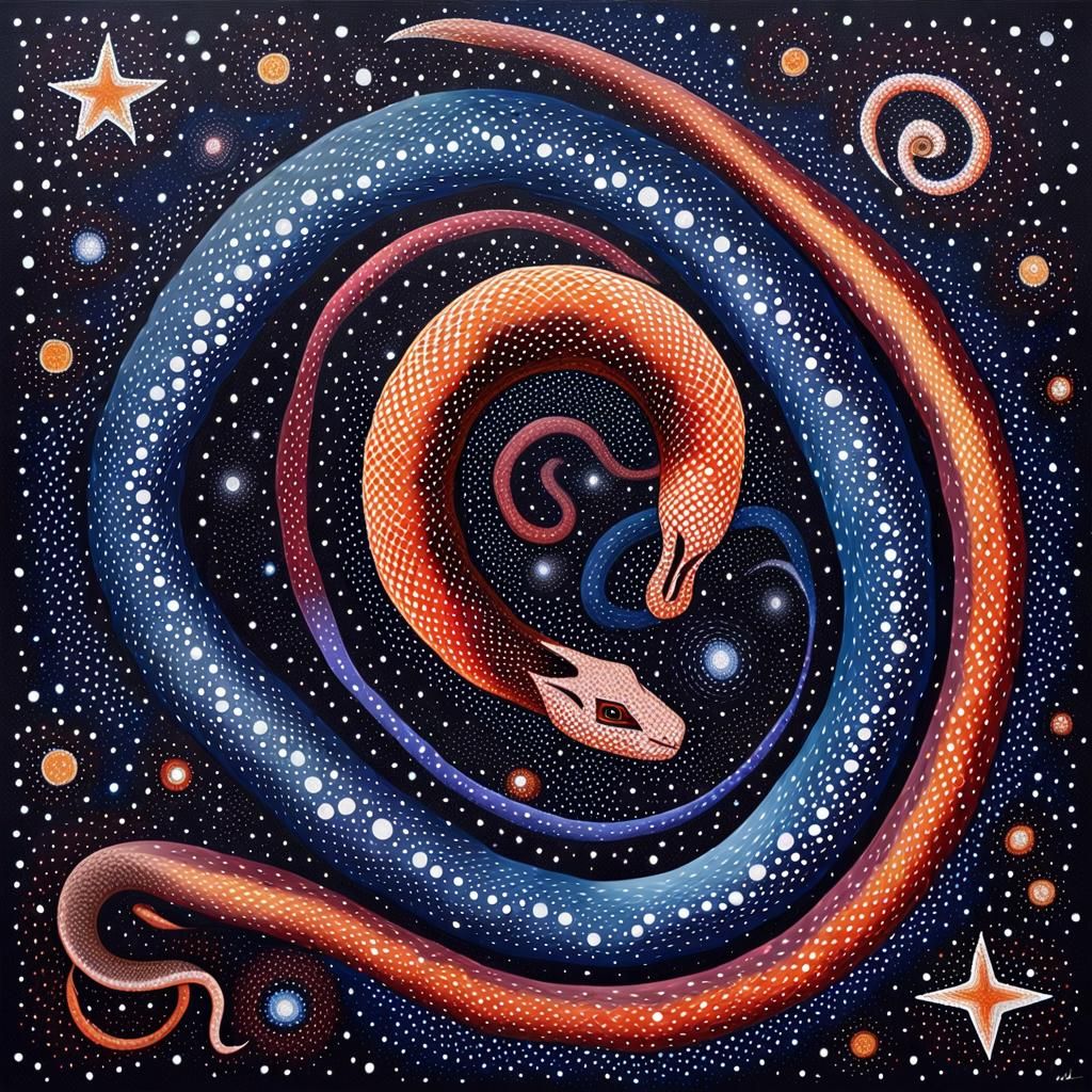 Cosmic Snake Dreamtime: Aboriginal Dot Painting in Space