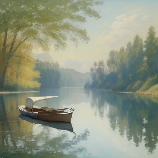 Ethereal Lion on Wooden Boat, Impressionist Watercolor