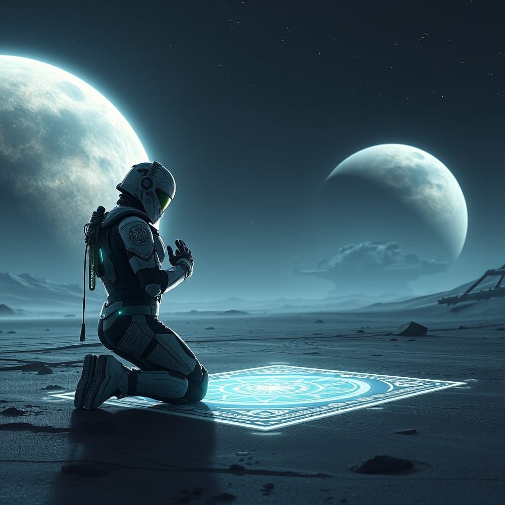 Futuristic Muslim Space Marine Prayer on Alien Planet
