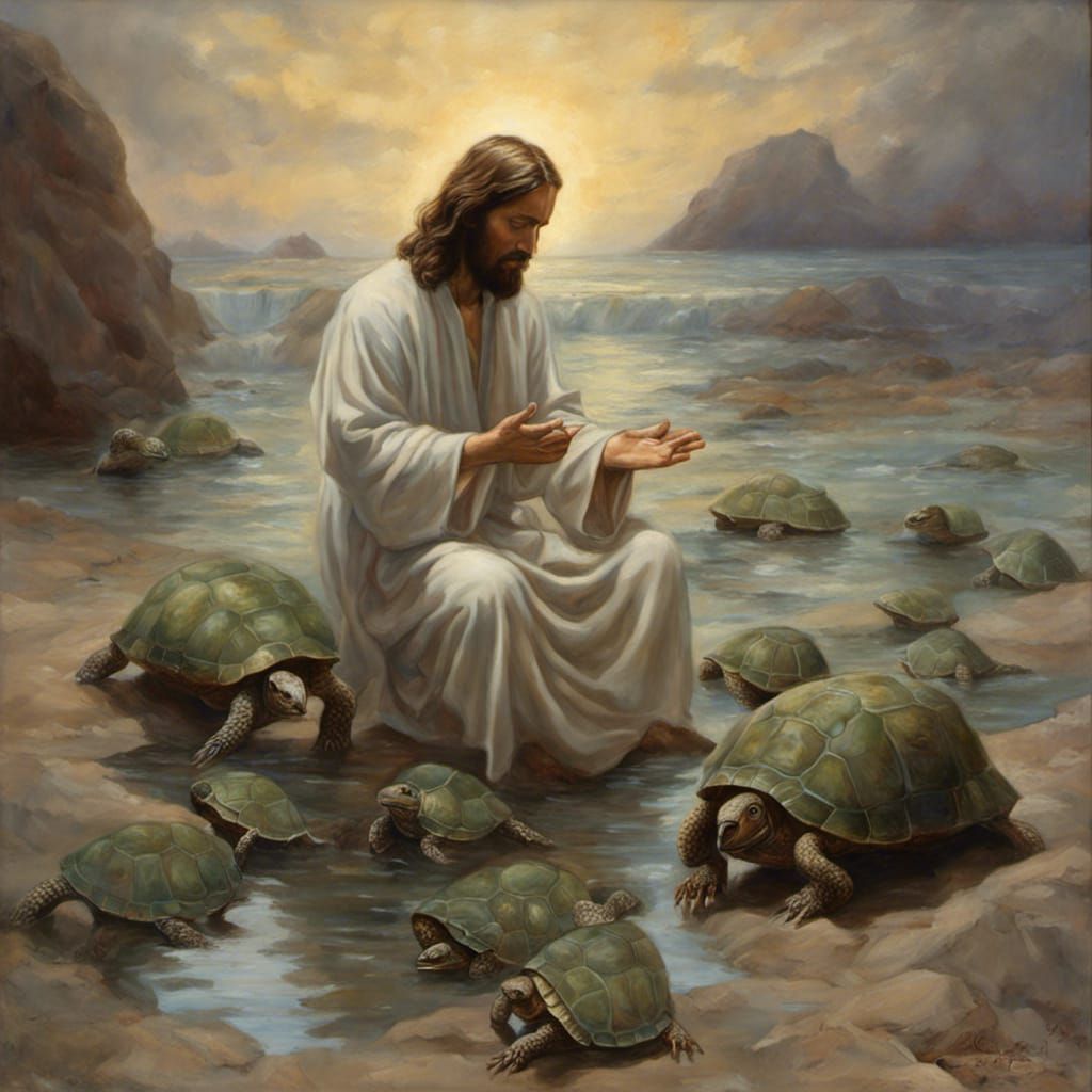 Jesus Christ Praying with Turtles: Oil Painting