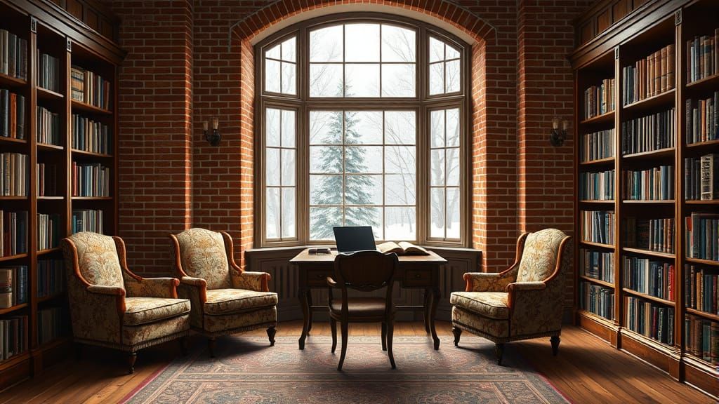 Victorian Library with Snowy Landscape View