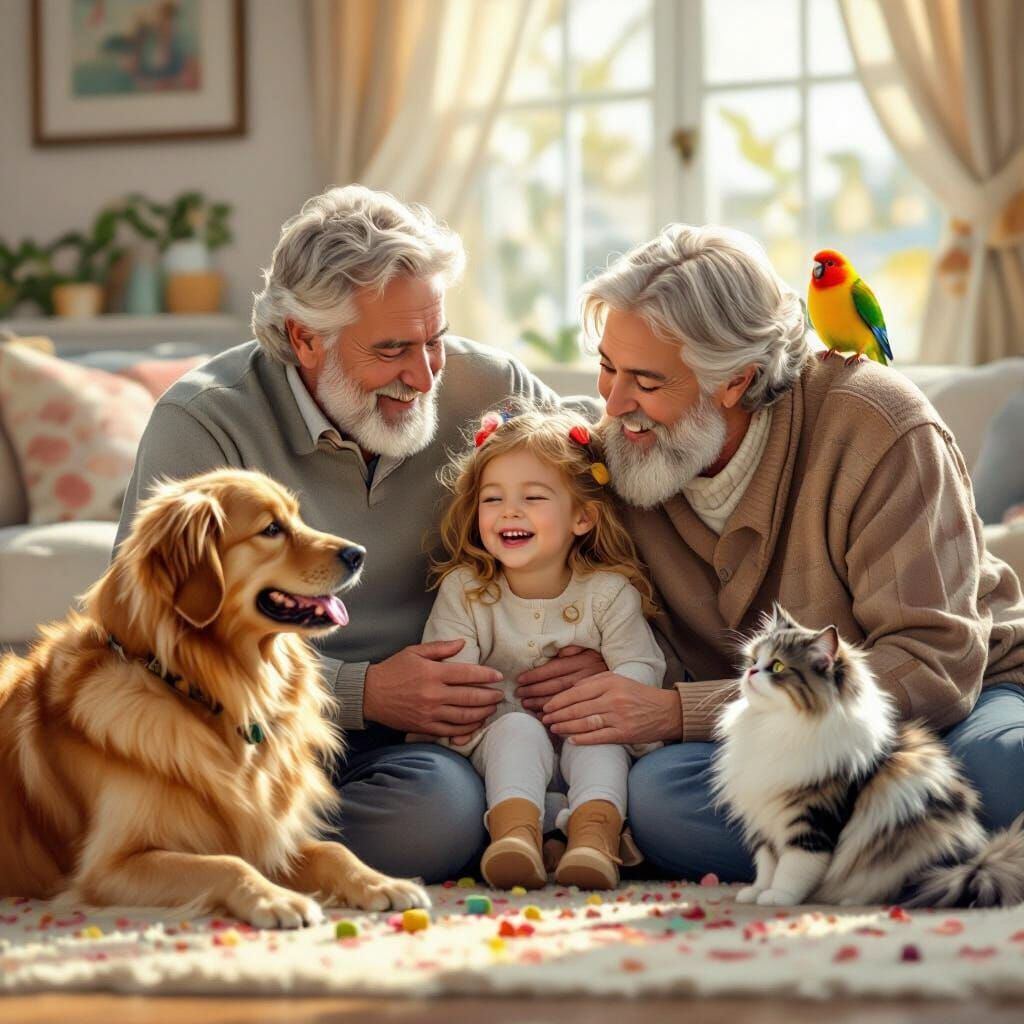 Grandfather and Granddaughter Play with Pets in Modern Drawi...