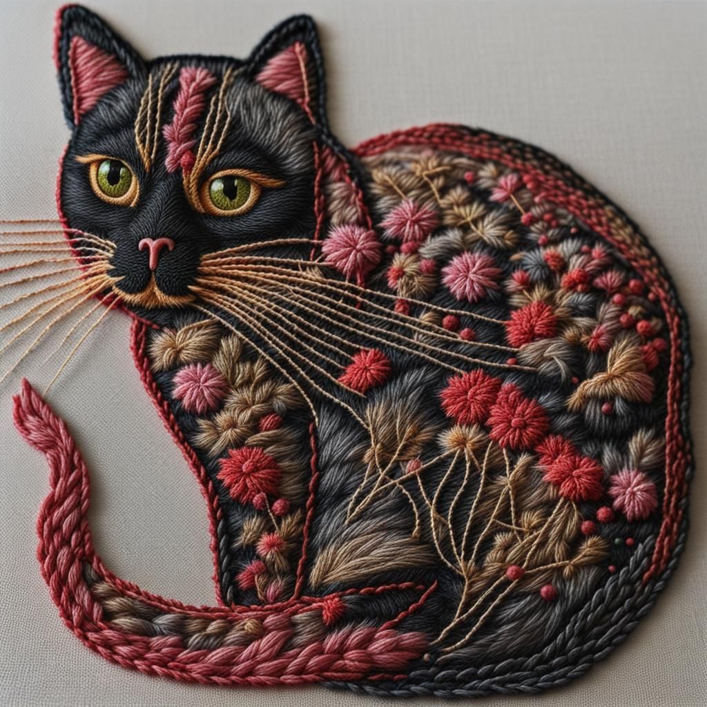 Intricately Detailed Embroidered Cat with Needle
