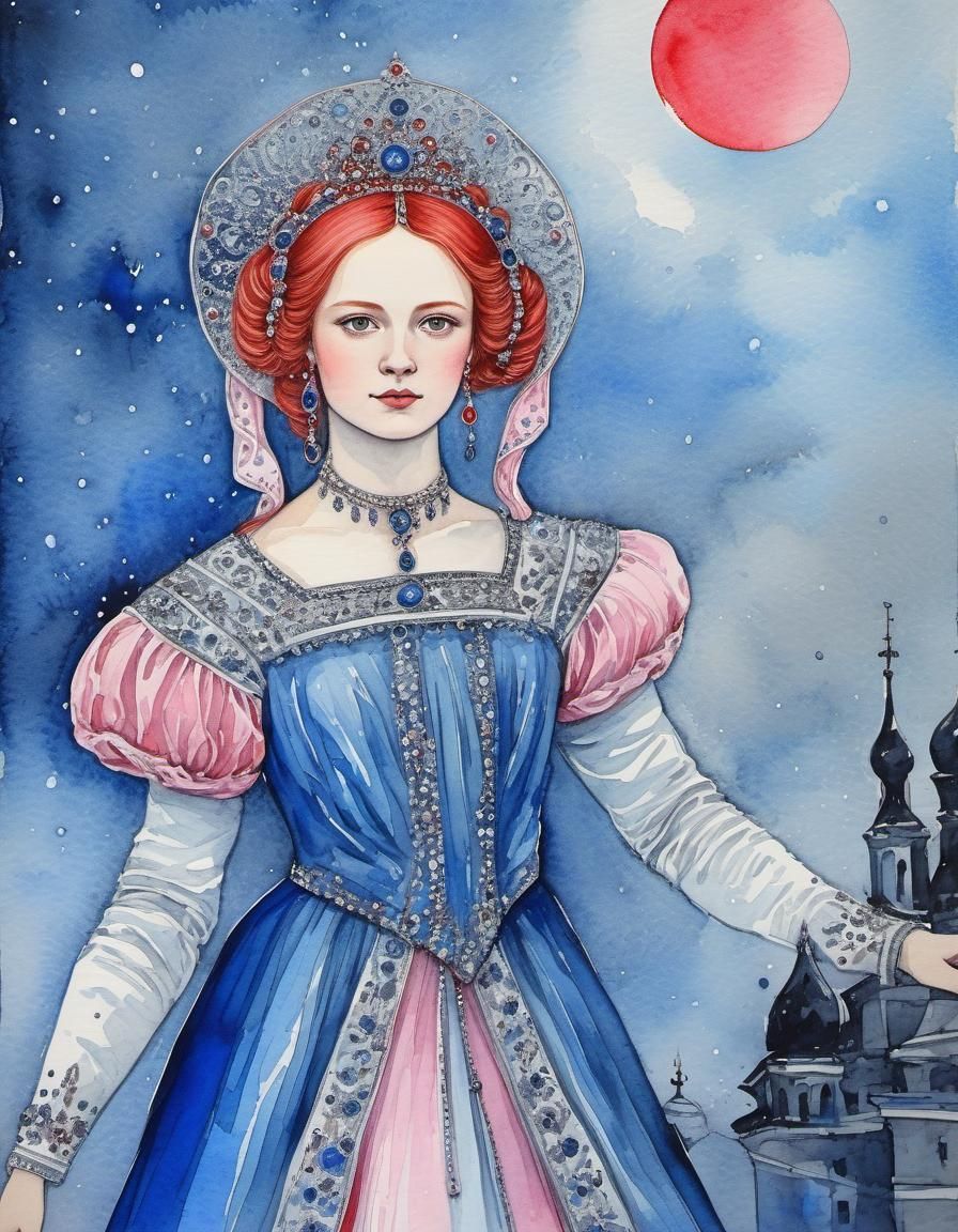 Tsarina of Pre-Petrine Era in Ink Painting